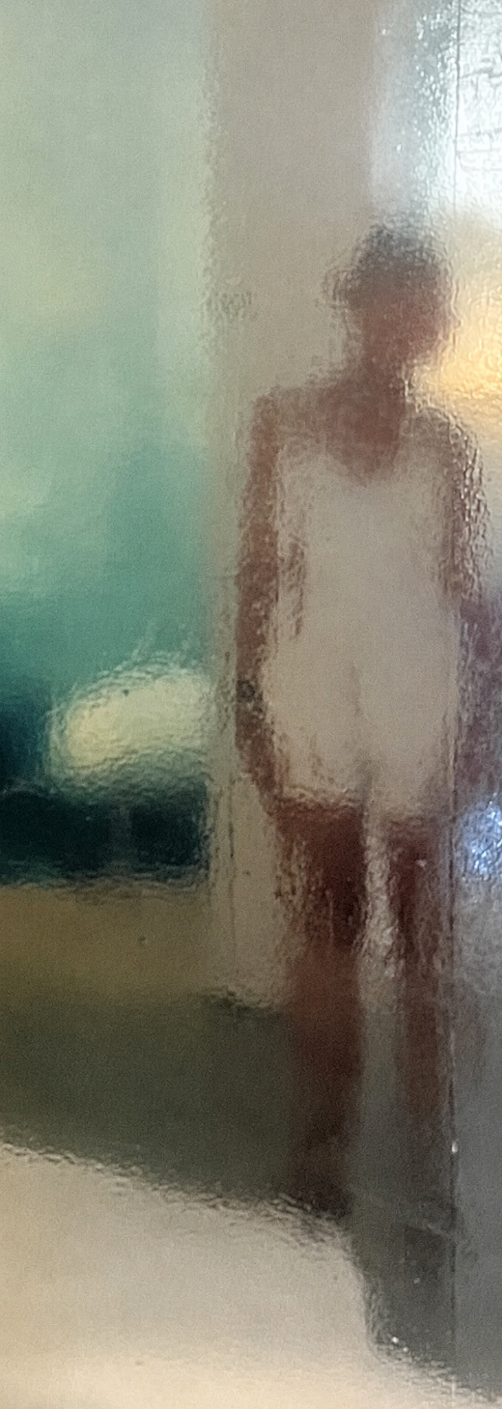Full-length self-portrait of Anna Khann seen through textured translucent glass.