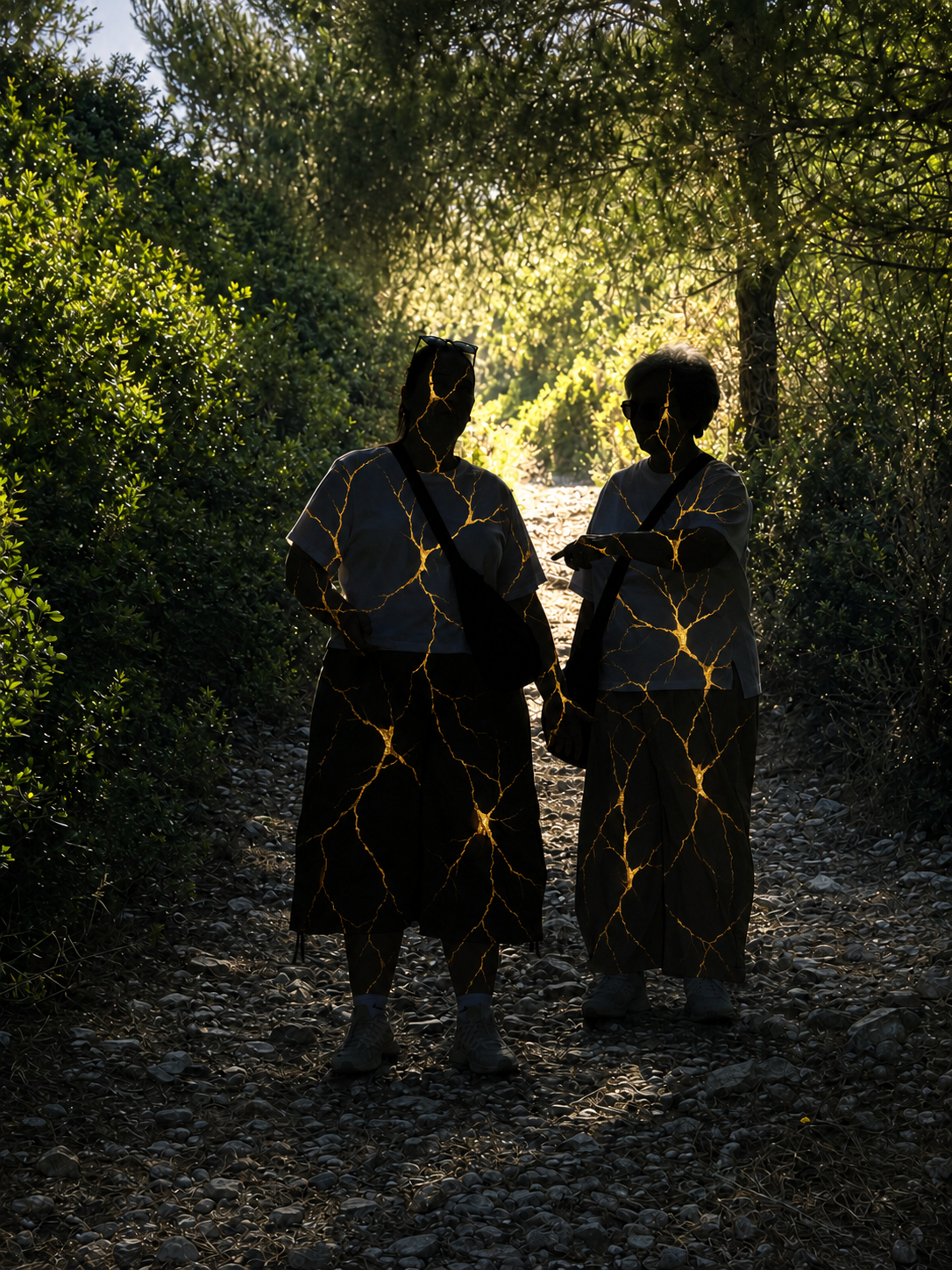 Two standing figures on a wooded path, darkened and crossed by golden kintsugi lines.