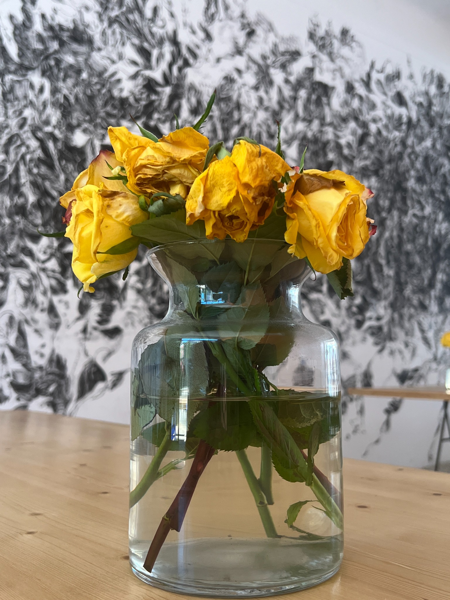 Wilted yellow roses in a glass vase before blurred monochrome foliage.